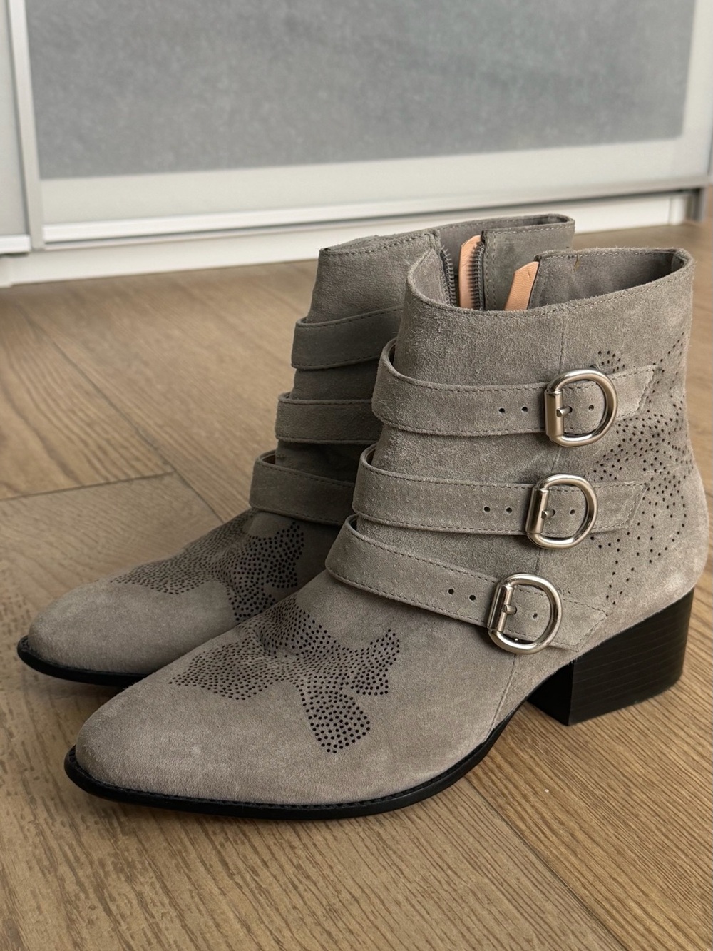 Gray Suede Buckle Strap Ankle Boots